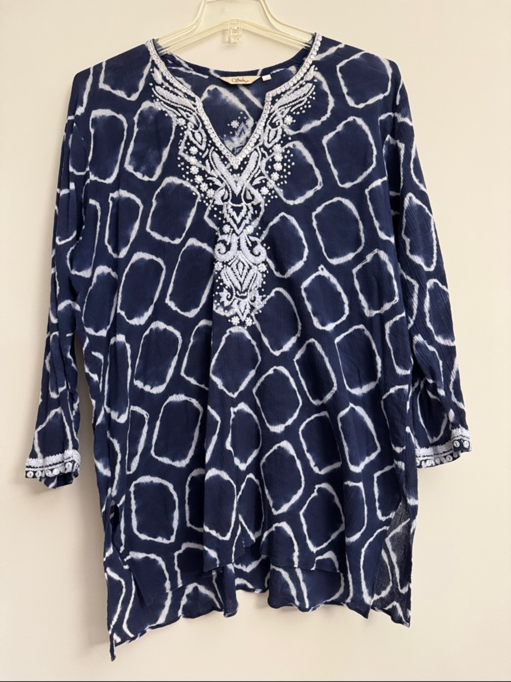 SULU Embroidered Navy Print Gauze Tunic